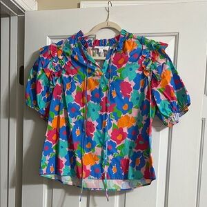 Peach Love Colorful Floral V Neck Ruffle Puff Sleeve Short Sleeve Blouse Large